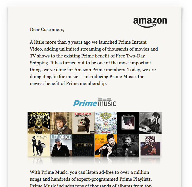 Запуск стриминга Amazon Prime Music, обращение Джеффа Безоса