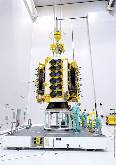   A payload of four O3b satellites getting prepped for launch. Photograph: Courtesy ESA-CNES-Arianespace/Optique Video du CSG/P. Baudon