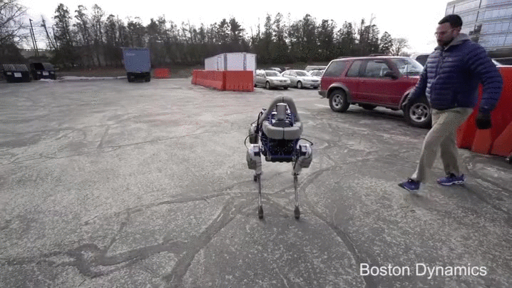 Человек похожий на основателя Google Сергея Брина бьёт ногами четвероногого робота Спота (Spot), наследника собакоподобного BigDog из семейства Boston Dynamics